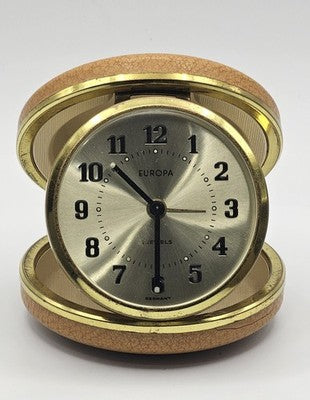 Vintage Europa 2 Jewels German Travel Alarm Clock in Tan Leather Case Sold as is