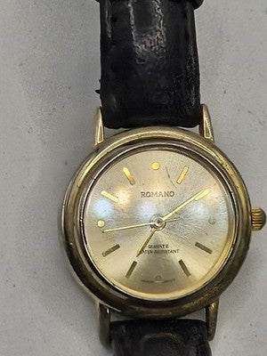 ROMANO Ladies Gold Tone QUARTZ Watch Black Leather Strap WATER RESISTANT Work