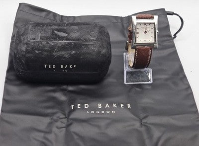 Ted Baker London Men's Square Case Brown Leather Strap Watch with Box Working