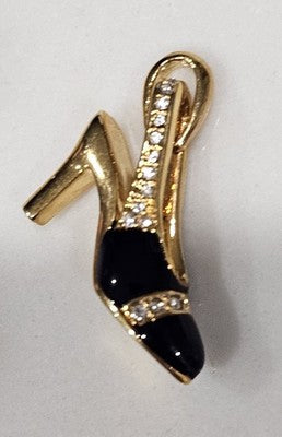 Vintage High Heel Shoe Charm Black Enamel Rhinestone GOLD Tone Pendant
