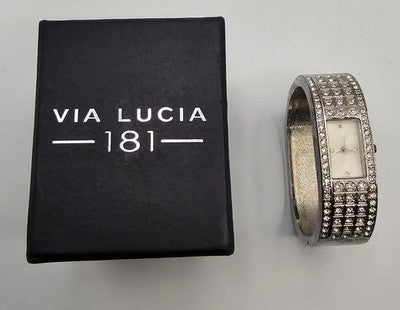 ✨ VIA LUCIA 181 Ladies Silver Tone Crystal Diamante Bangle Watch w/ Box Working