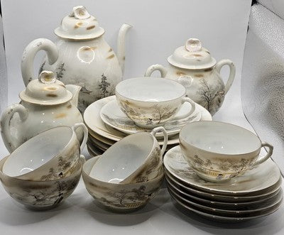 Antique Japanese Porcelain Tea Set 21pc - Geisha Scenes - Gold Trim