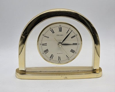 Vintage SEIKO Quartz Desk Clock Brass Lucite Arch Roman Numerals QZ222F Working