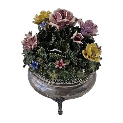 Vintage Italian Peltro 95% Pewter Footed Bowl with Capodimonte Style Porcelain