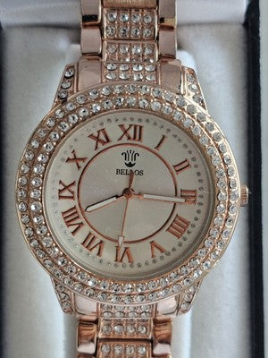 Bellus Rose Gold Tone Watch with Crystal Accents – Working Condition – Boxed