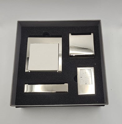 Desk Organizer 5 In 1 Set with Clock - Silver Tone & Black