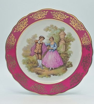 VINTAGE LIMOGES FRAGONARD PLATE PINK GOLD GILT ROMANTIC COUPLE- 19cm