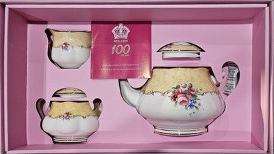 Royal Albert 100 Years 1990 Bouquet 3-Piece Tea Set Teapot Sugar Creamer-RRP$479