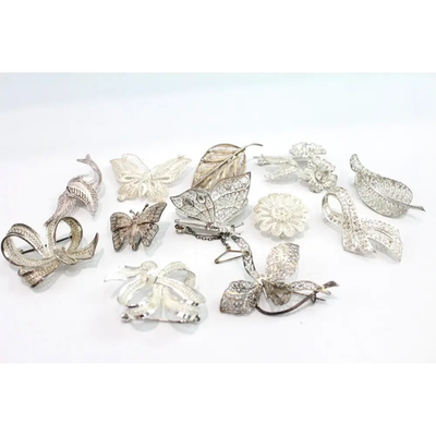Mixed Grade Silver Brooches – Filigree Butterfly & Bird, Set of 12 (65g)