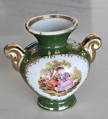 Vintage Limoges Green Gilt Porcelain Vase with Romantic Scene – 7 cm