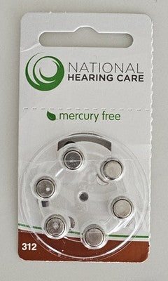 National Hearing Care 312 Hearing Aid Batteries - 6-Pack - Mercury Free - 1.45V