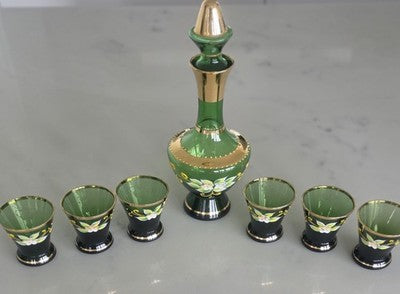 Vintage Bohemian Green Glass Decanter Set with 6 Matching Shot Glasses and Gold