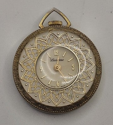 Ornate Vintage Lucerne Swiss Lace Design Gold Tone Pendant Watch Working Condit