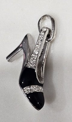 Vintage High Heel Shoe Charm Black Enamel Rhinestone Silver Tone Pendant