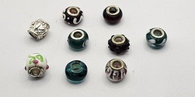 Lot of 9 Assorted Glass & Metal Large Hole Spacer Beads for Bracelet Making
