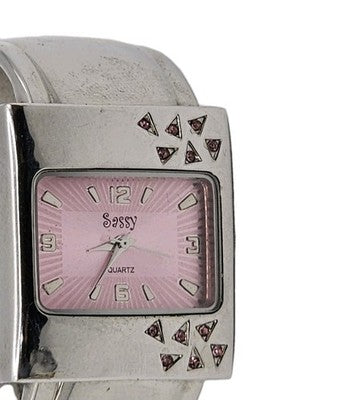 Vintage Sassy Women's Silver Tone Pink Dial Crystal Cuff Watch - New Battery