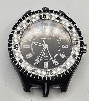 Sonata Quartz Watch Head Black Case Black Silver Dial work Without Band