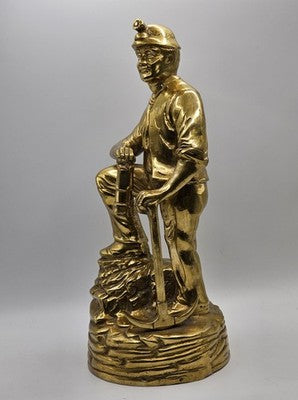 VINTAGE SOLID BRASS COAL MINER Statue Figurine with Pickaxe & Lamp Mining Memor