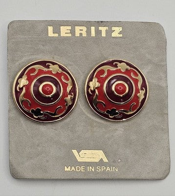 LERITZ Enamel Clip On Earrings Red Gold Tone Ornate Scrollwork Made in Spain