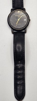 SCHENKER STOFER Black Dial QUARTZ Watch DATE Window Black Leather Strap WATER RE
