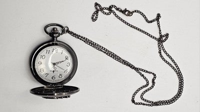 Retro Quartz Pocket Watch with Sun & Moon Filigree Design on Chain Working Cond
