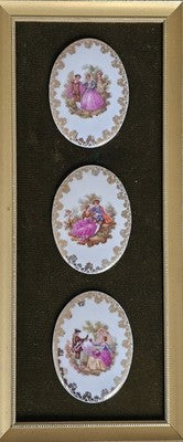 Vintage Limoges Fragonard Romantic Courting Couple Porcelain Plaque Triptych