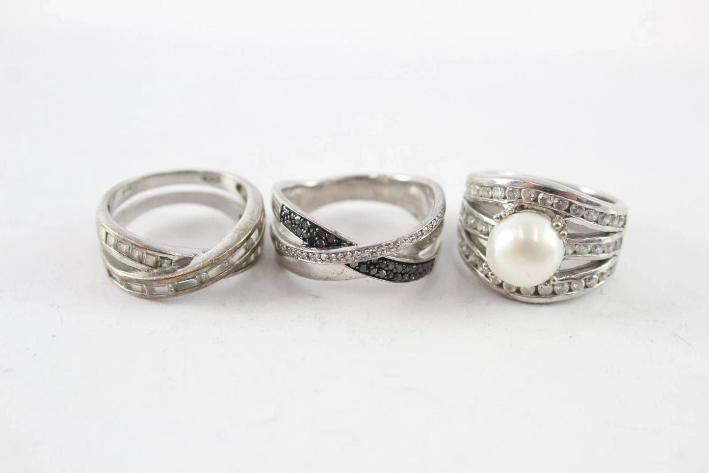 Sterling Silver Rings Chunky Statement Pearl Clear Gemstone x 3 (23g)