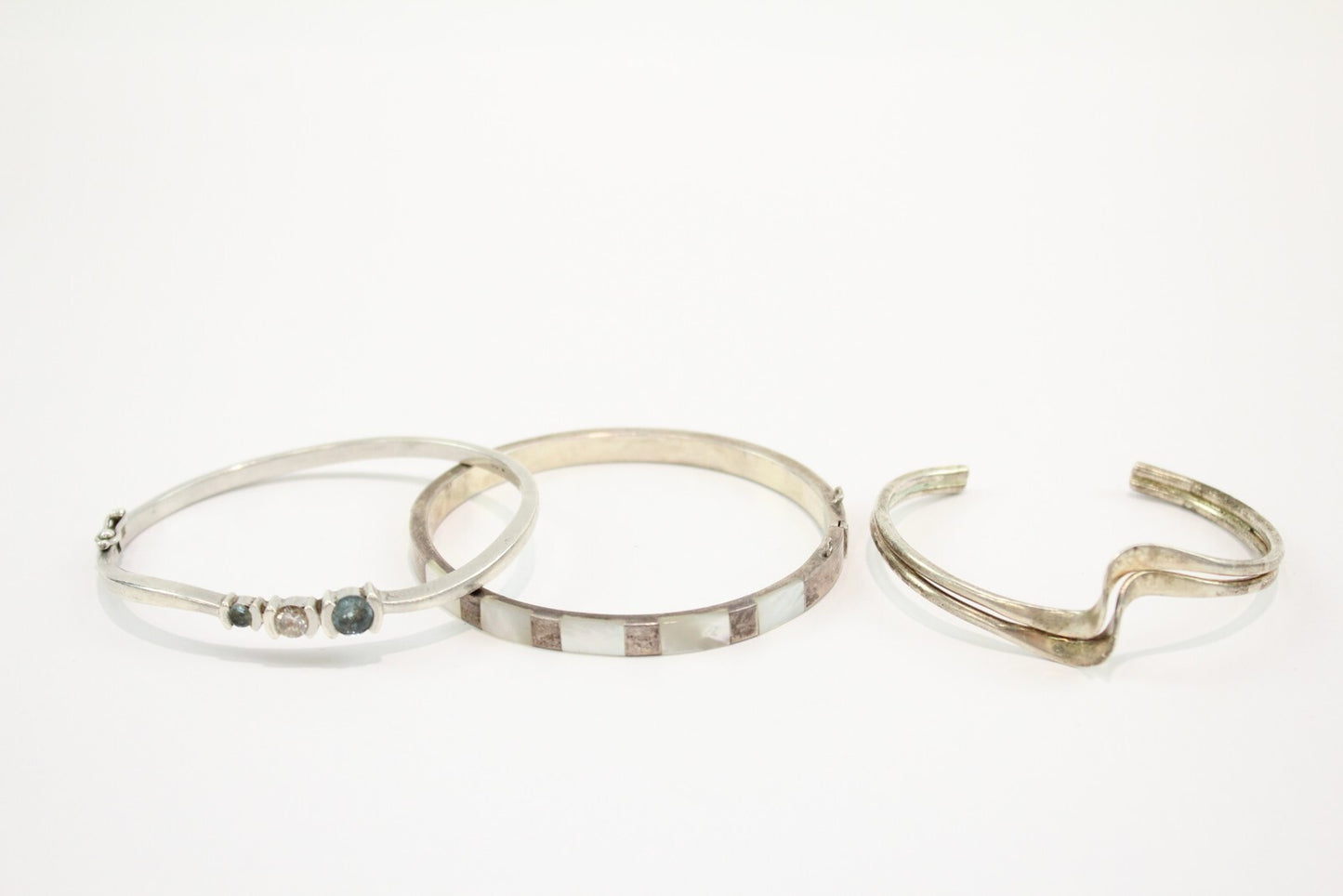 Sterling Silver Bangles MOP Stone Set Trilogy Torque x 3 (38g)