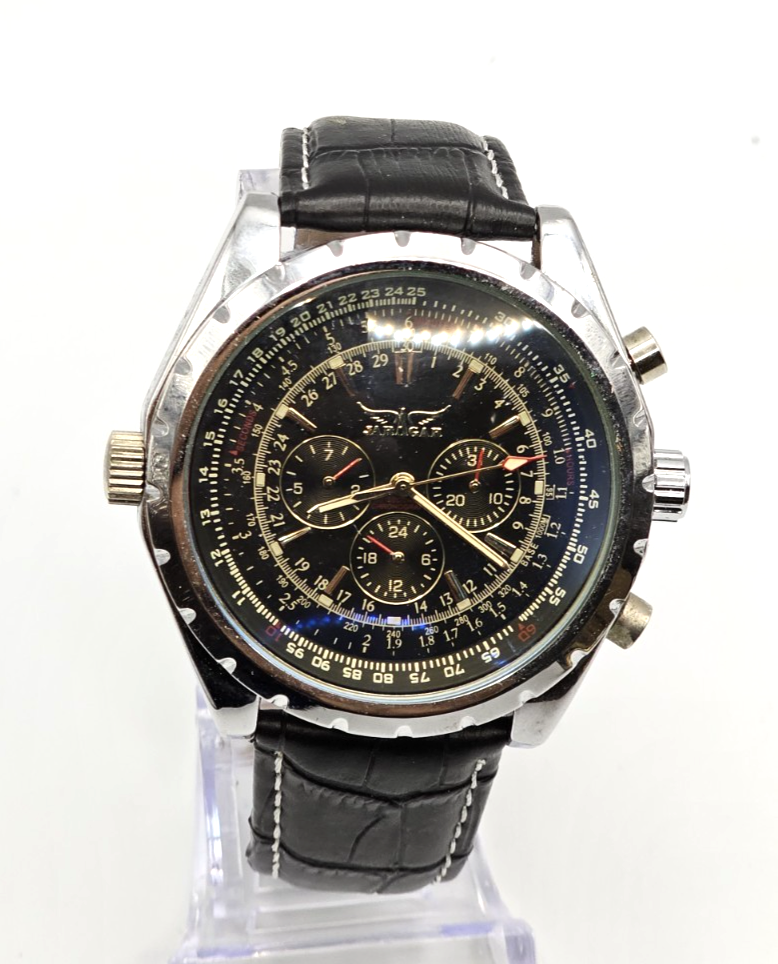 JARAGAR Chronograph-Style Men's Watch Black Dial Leather Band