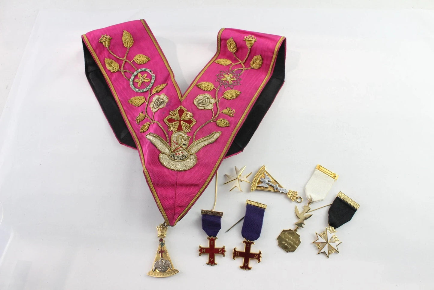 Rose Croix Masonic Collar with Enameled Jewels - Insignia Badge