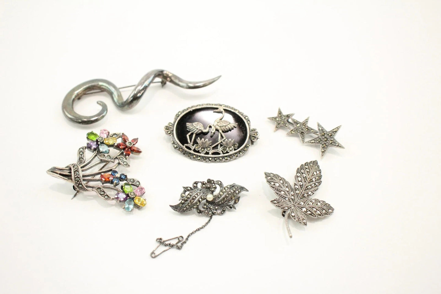 Sterling Silver Marcasite Brooches Stone Set Organic Stars x 6 (50g)