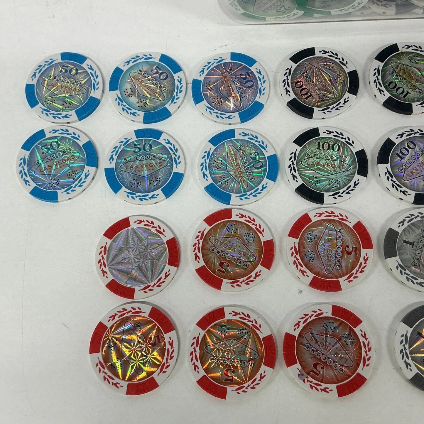 100pcs (1, 5, 25, 50 & 100) Las Vegas Player Poker Chips Various Denominations