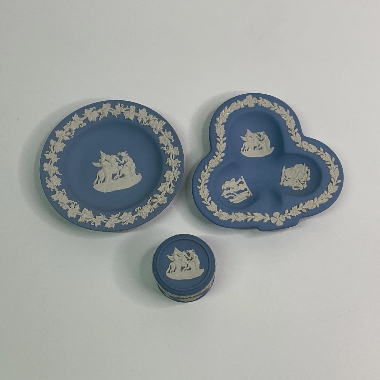 Wedgwood England Jasperware Blue Small Plate, Ashtray & Trinket Box