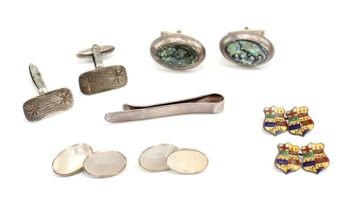 Sterling Silver Gents Accessories Abalone MOP Enamel Crest Etched x 5 (34g)