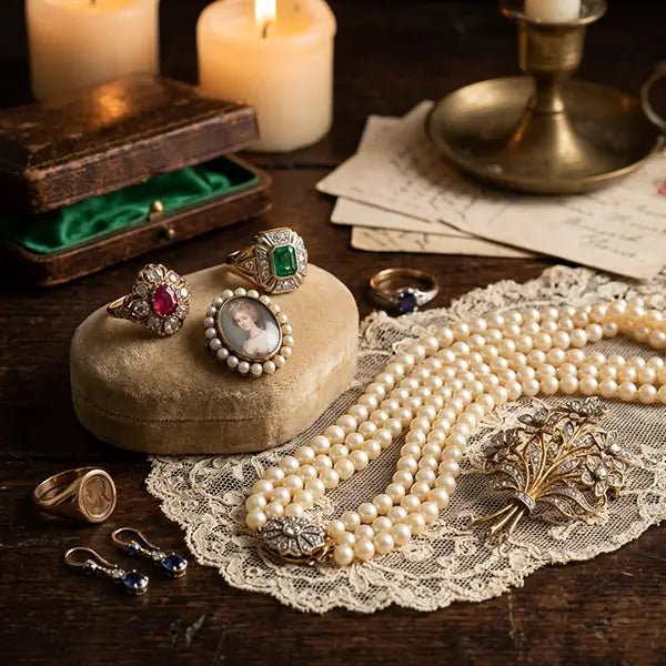 Vintage pre-owned jewelry including pearl necklace and gemstone rings