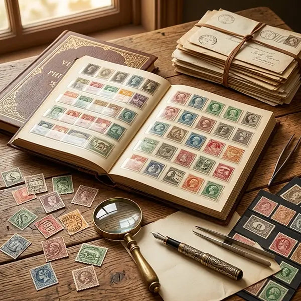 Vintage stamp collection album with magnifying glass for collectors