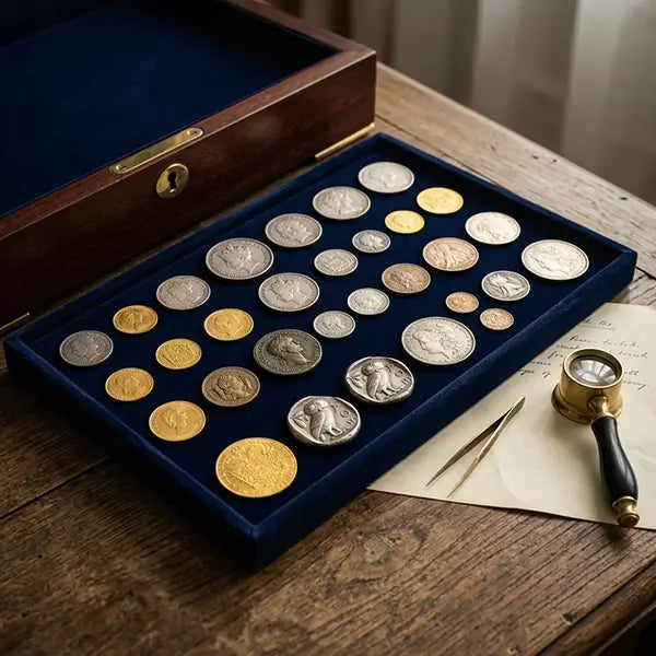 Collection of vintage coins and medals displayed in a wooden box
