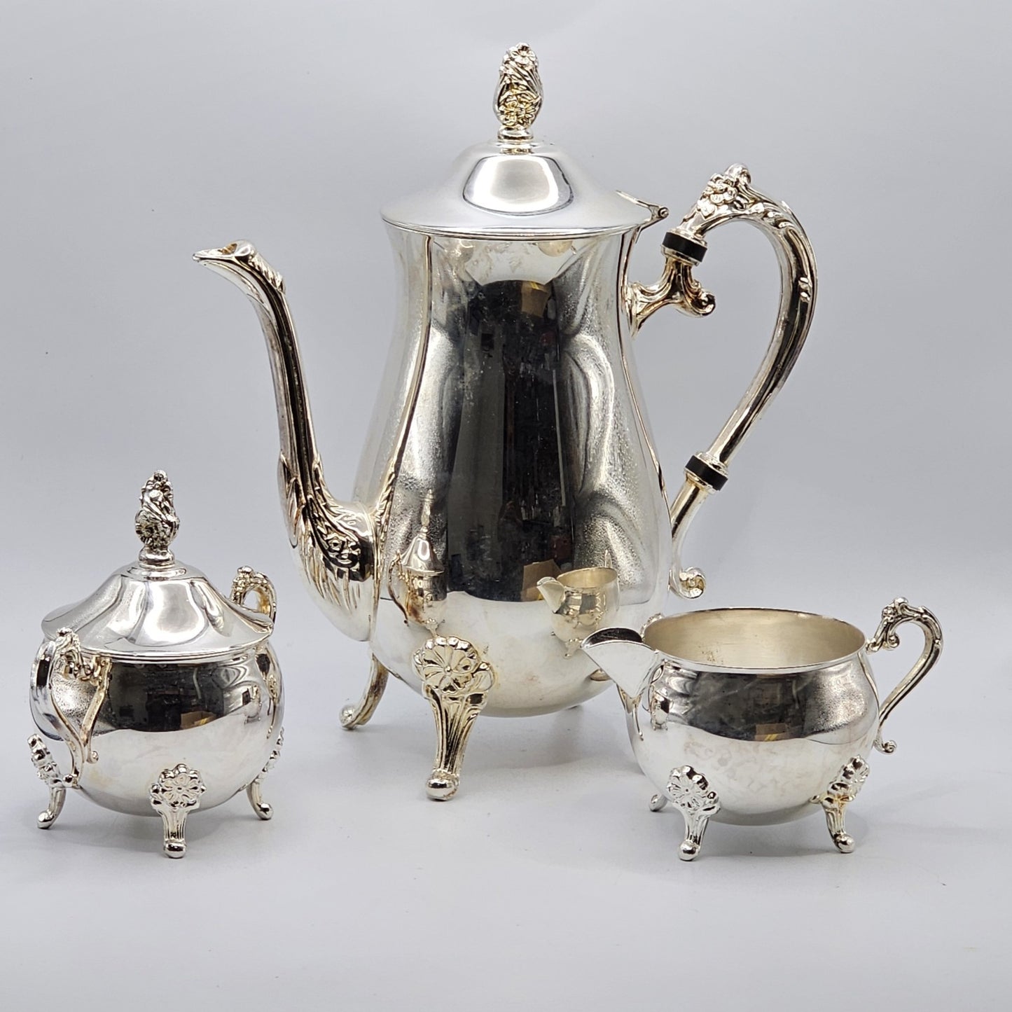 Vintage Silver Plated 3-Piece Tea Set Teapot, Creamer & Sugar Bowl Ornate Design