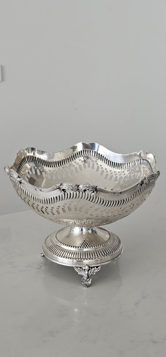 Vintage Ornate Pierced EPNS Silver Plated Footed Fruit Bowl Dish 26x19cm India