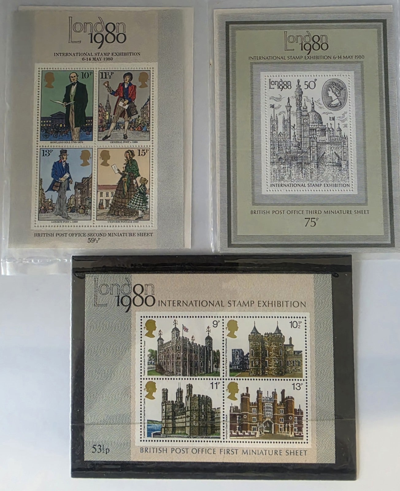 3x British Post Office Miniature Sheets London 1980 Intl Stamp Exhibition MNH
