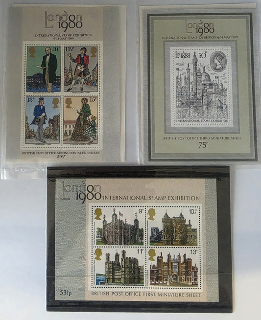 3x British Post Office Miniature Sheets London 1980 Intl Stamp Exhibition MNH