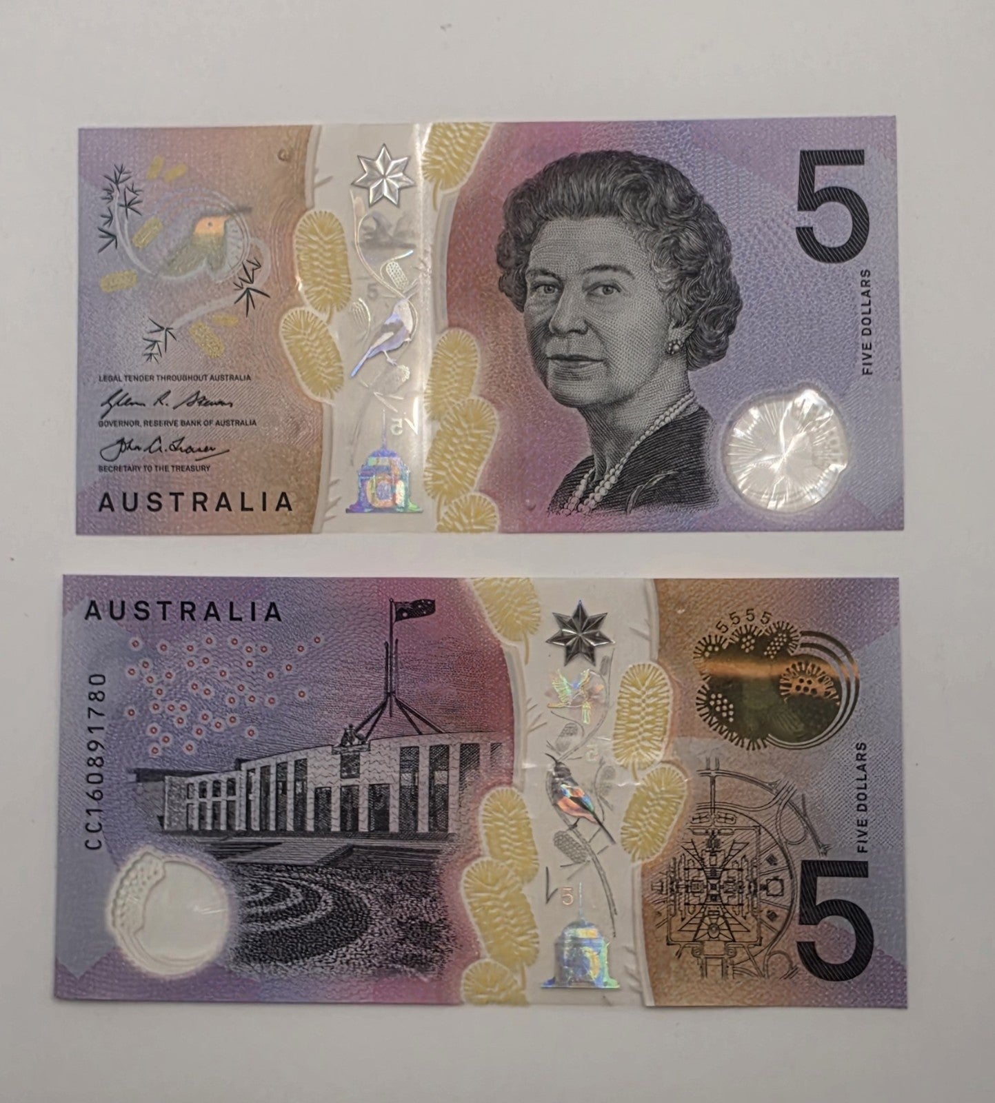 Two Australia New Generation $5 Polymer Banknote Queen Elizabeth II CC16 Not