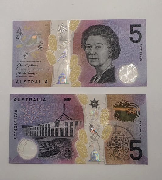 Two Australia New Generation $5 Polymer Banknote Queen Elizabeth II CC16 Not