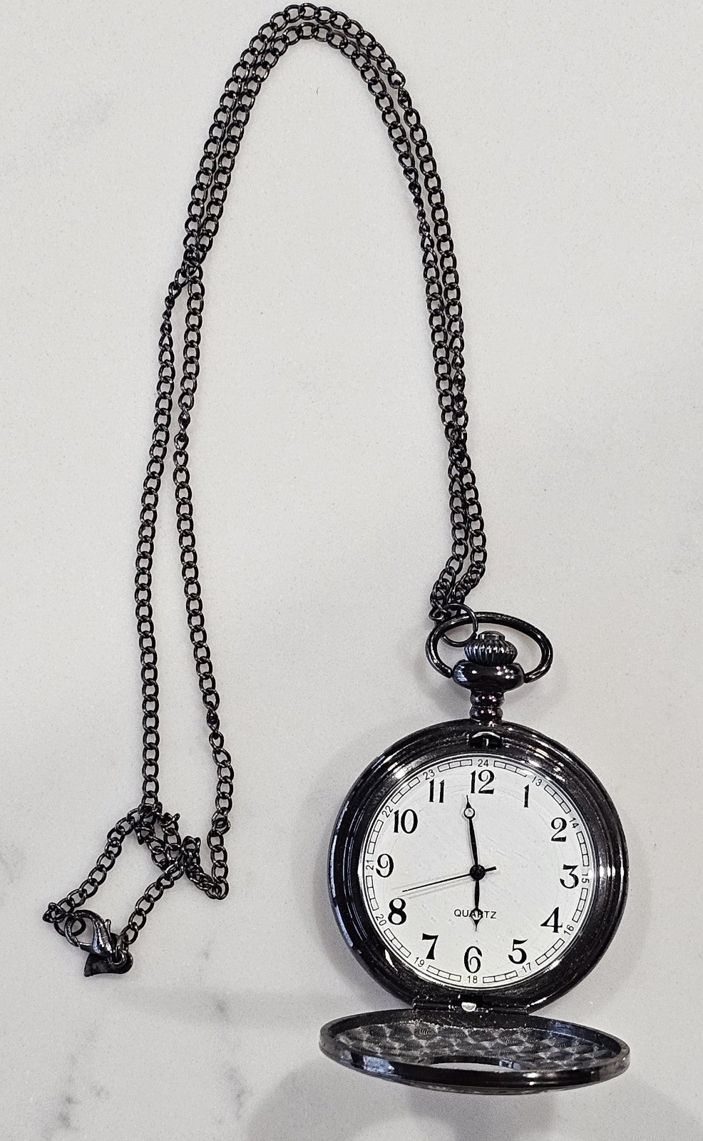 Black Steampunk Quartz Pocket Watch Half Hunter Engraved Case Necklace Chain