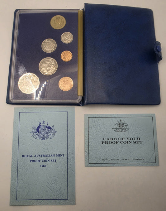 1986 Royal Australian Mint Proof Coin Set Vintage Blue Wallet OGP CoA