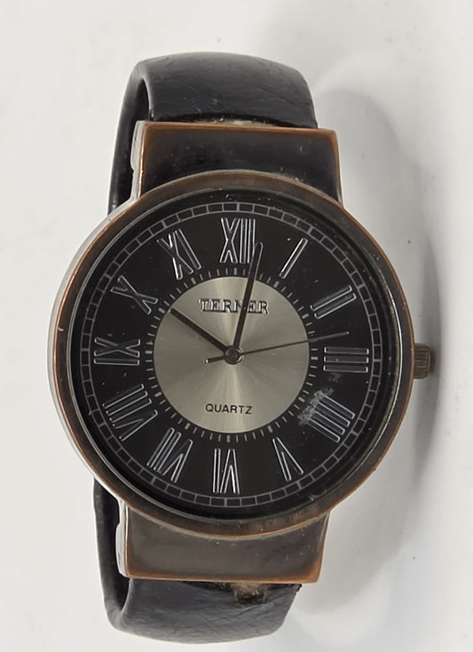 Terner Quartz Men's Watch - Roman Numeral Black/Silver Dial - Black Leather Str