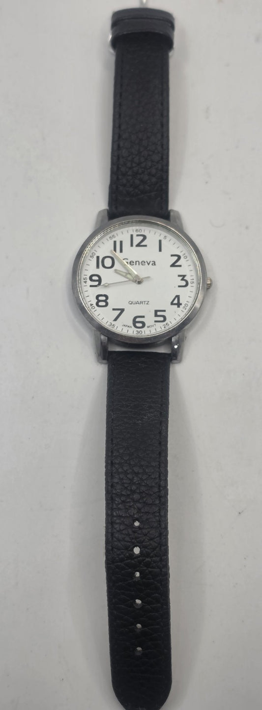 Geneva Quartz Men's Watch with Easy Read Dial and Black Pebbled Faux Leather Str