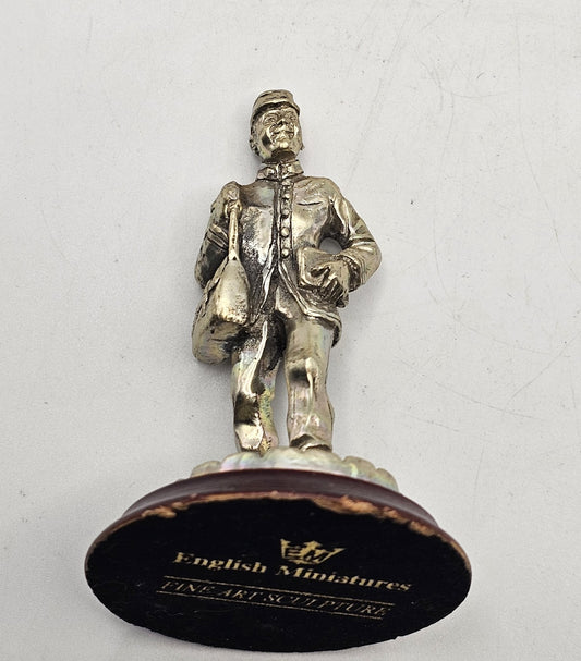 English Miniatures Silver Plated "The Post Man" Figurine Sculpture on Wood Base