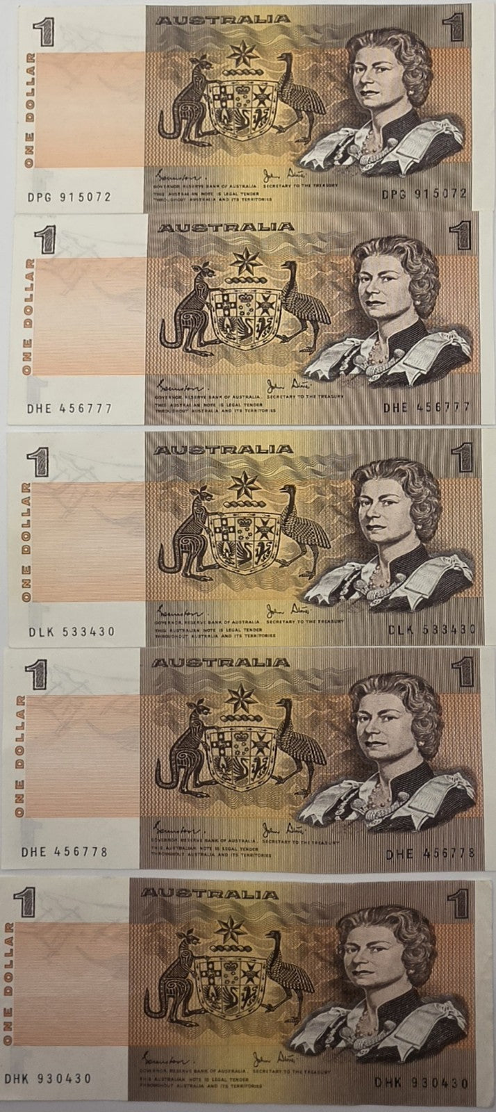 Vintage Australian $1 Paper Banknotes Johnston Fraser Phillips Lot Of 5 Near Min