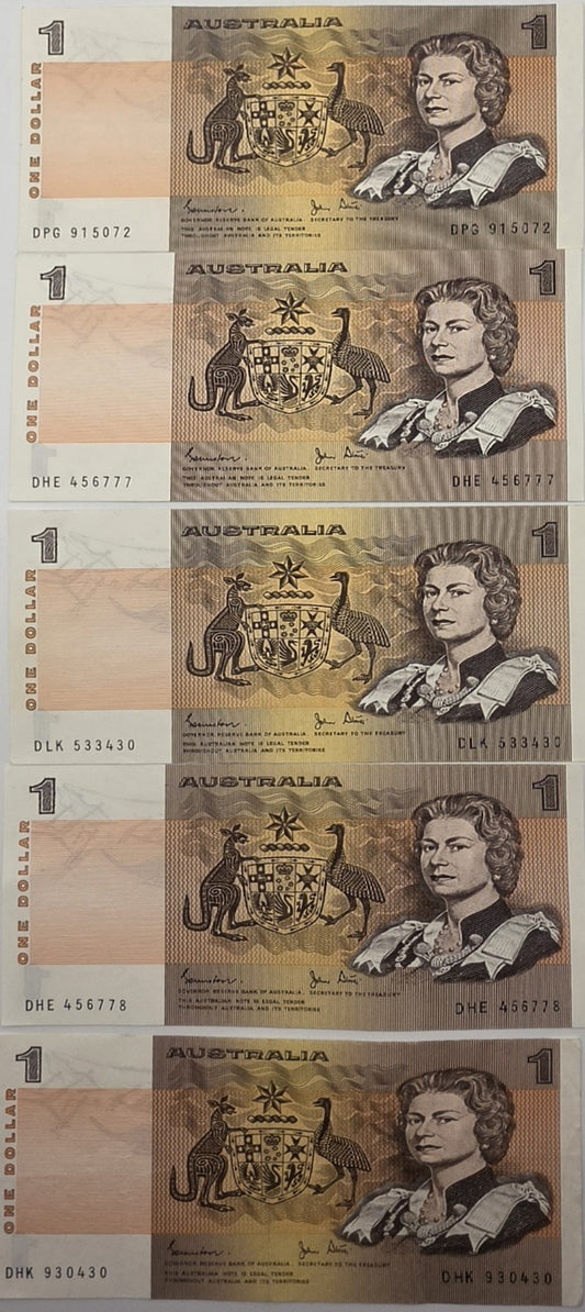Vintage Australian $1 Paper Banknotes Johnston Fraser Phillips Lot Of 5 Near Min
